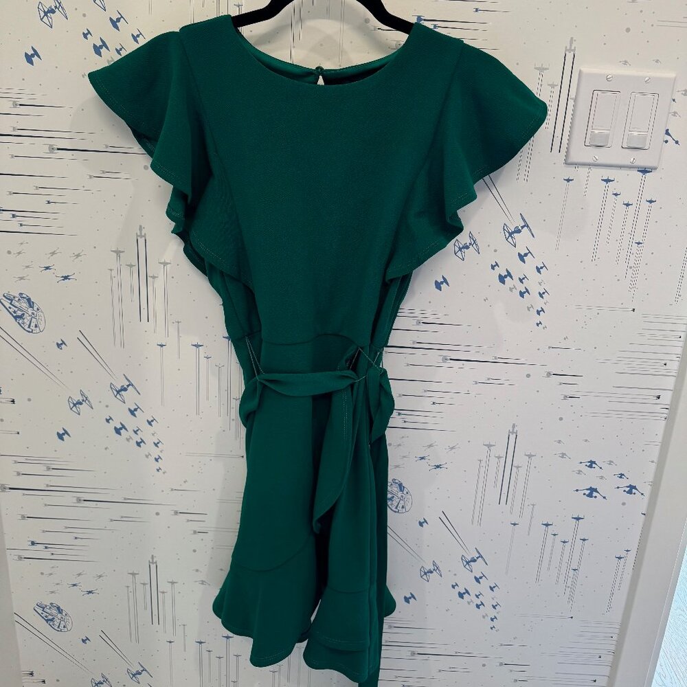Crystal Doll Juniors' Green Ruffle-Sleeve Fit & Flare Dress (XS)